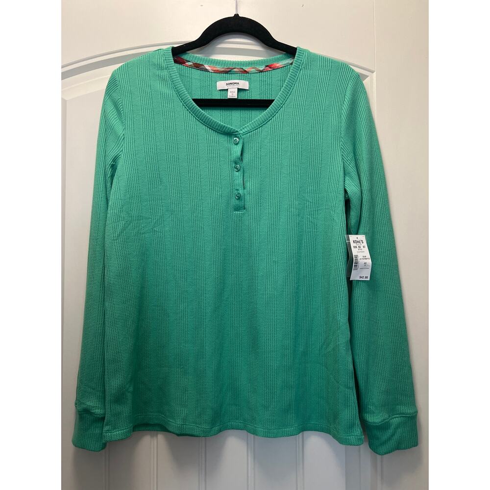 NWT Sonoma Women’s V Neck Button-Up Henley Comfy & Elegance‎ Top Size S Green